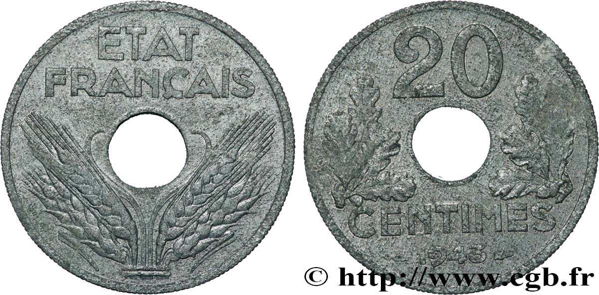 20 centimes État français, lourde 1943  F.153/5 TTB 