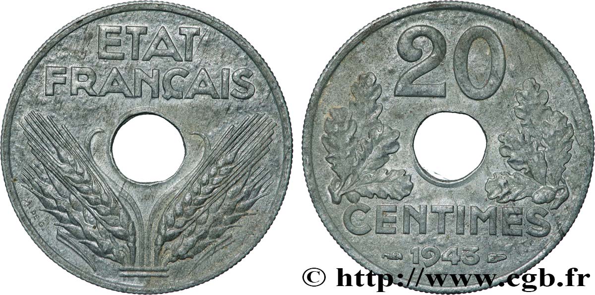 20 centimes État français, lourde 1943  F.153/5 XF 