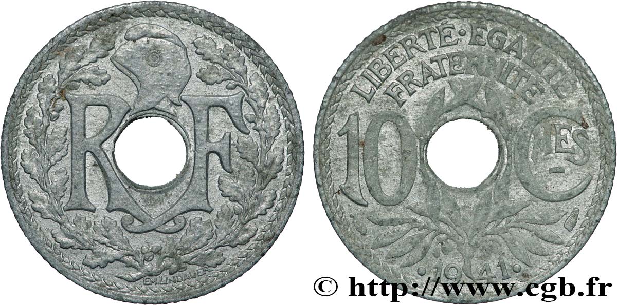 10 centimes Lindauer en zinc, Cmes souligné et millésime avec points 1941  F.140/2 AU 
