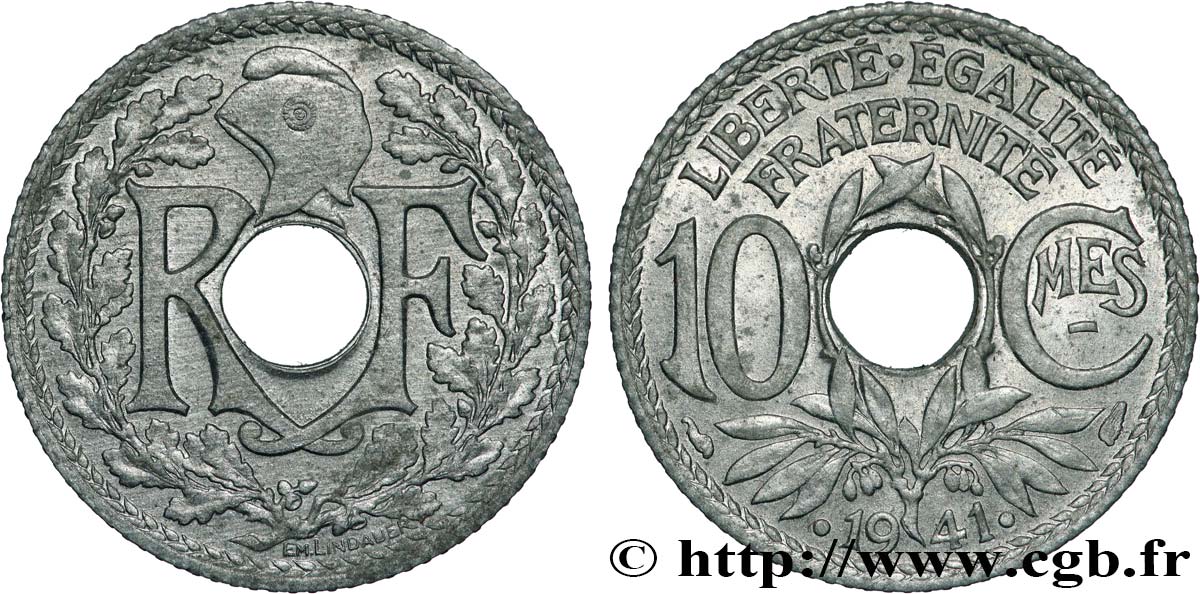 10 centimes Lindauer en zinc, Cmes souligné et millésime avec points 1941  F.140/2 AU 