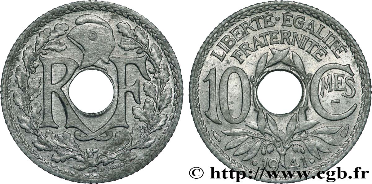 10 centimes Lindauer en zinc, Cmes souligné et millésime avec points 1941  F.140/2 SUP 