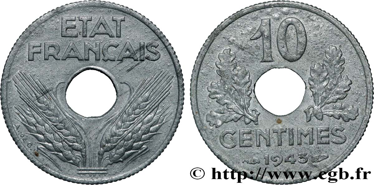 10 centimes État français, petit module 1943  F.142/2 MBC+ 