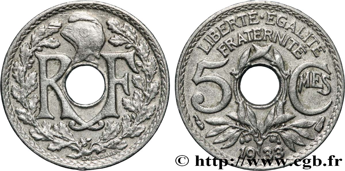 5 centimes Lindauer, petit module 1933 Paris F.122/16 MBC+ 