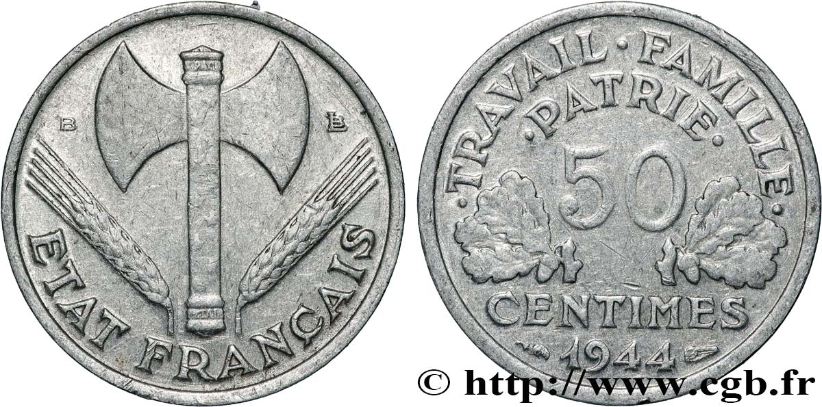 50 centimes Francisque, légère 1944 Beaumont-Le-Roger F.196/5 TB 