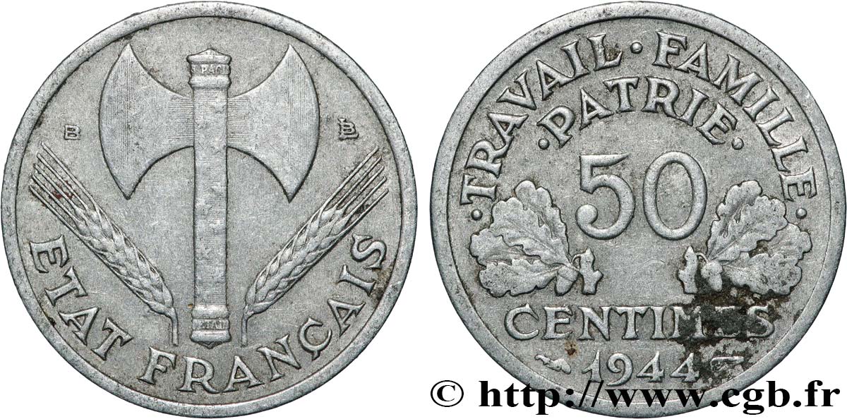 50 centimes Francisque, légère 1944 Beaumont-Le-Roger F.196/5 VF 