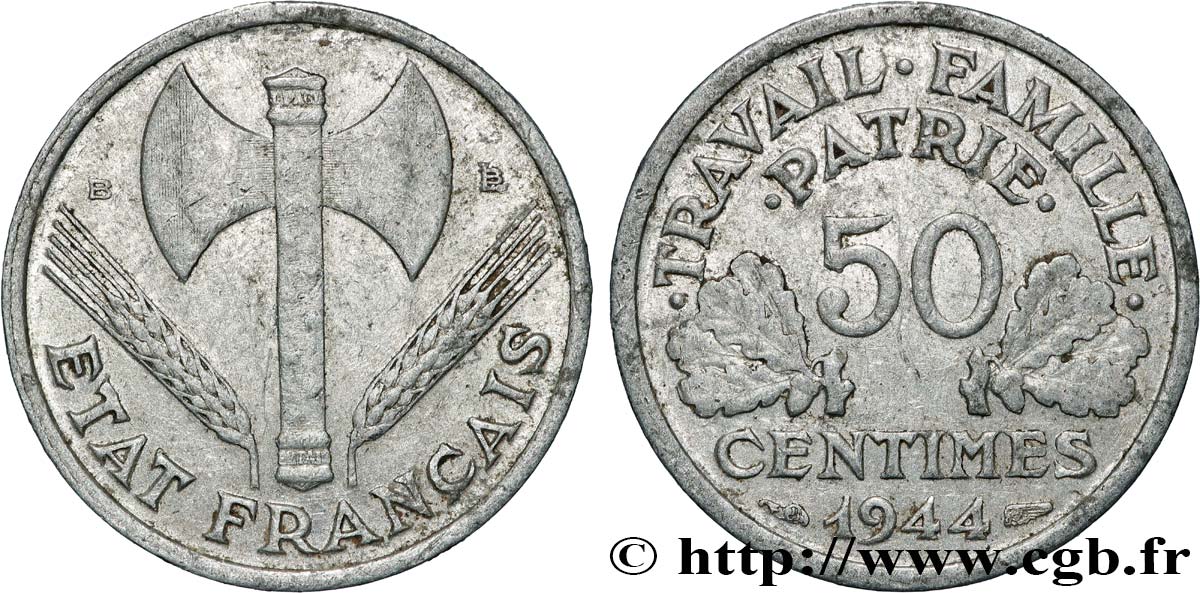 50 centimes Francisque, légère 1944 Beaumont-Le-Roger F.196/5 BC 