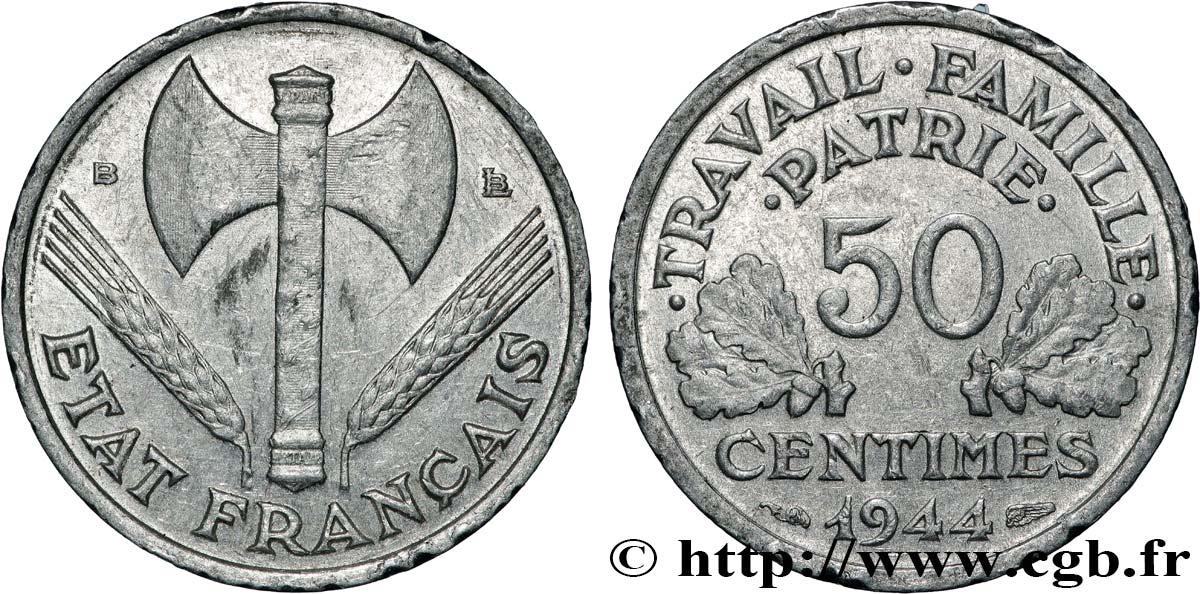50 centimes Francisque, légère 1944 Beaumont-Le-Roger F.196/5 TTB 
