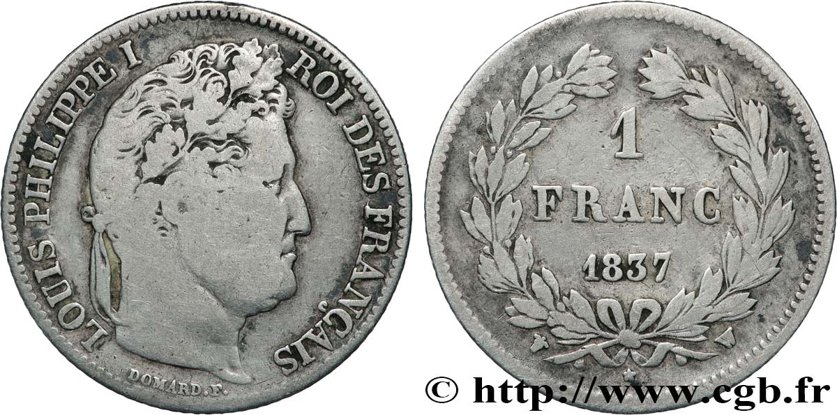 1 franc Louis-Philippe, couronne de chêne 1837 Lille F.210/61 F15 
