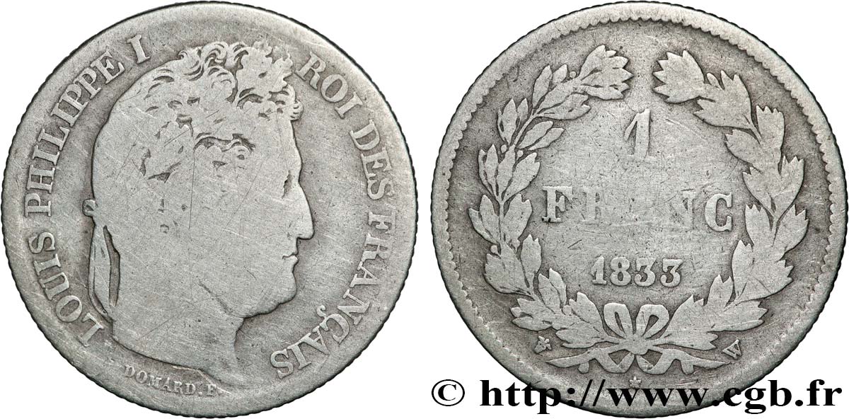 1 franc Louis-Philippe, couronne de chêne 1833 Lille F.210/26 VG 