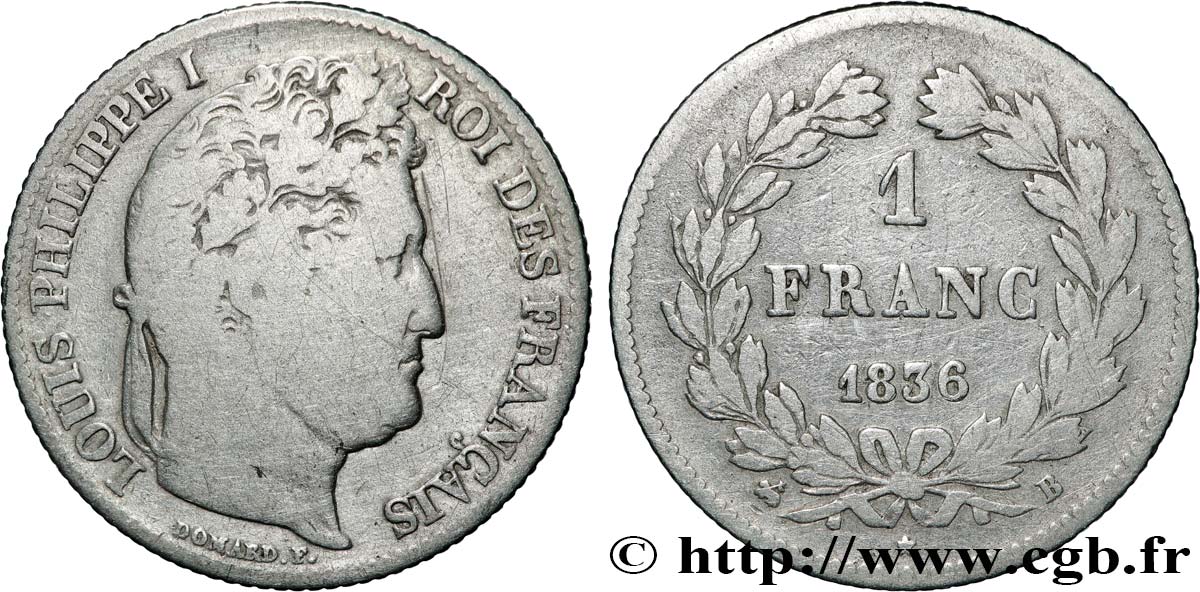 1 franc Louis-Philippe, couronne de chêne 1836 Rouen F.210/51 VG 