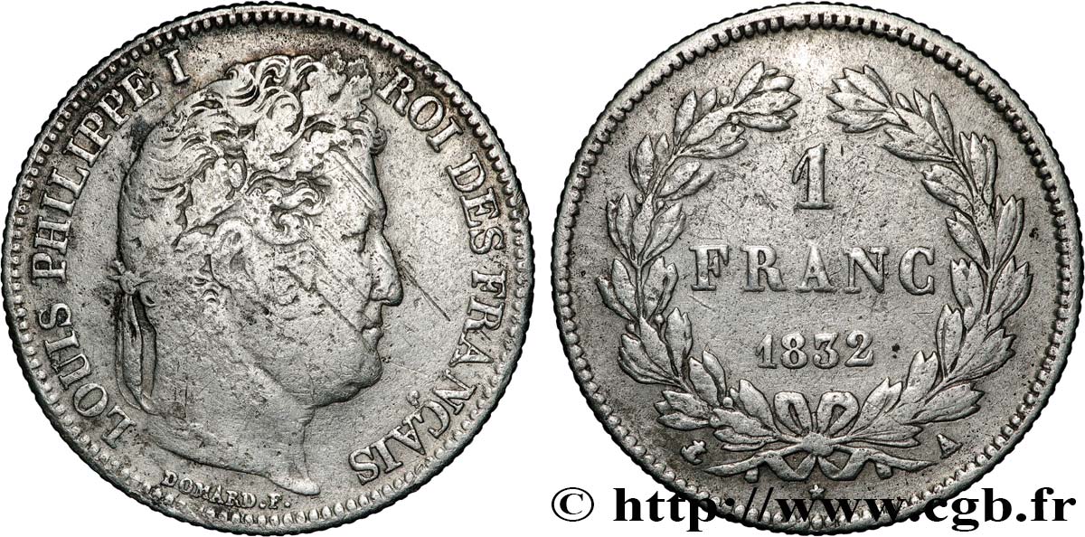 1 franc Louis-Philippe, couronne de chêne 1832 Paris F.210/1 VF 