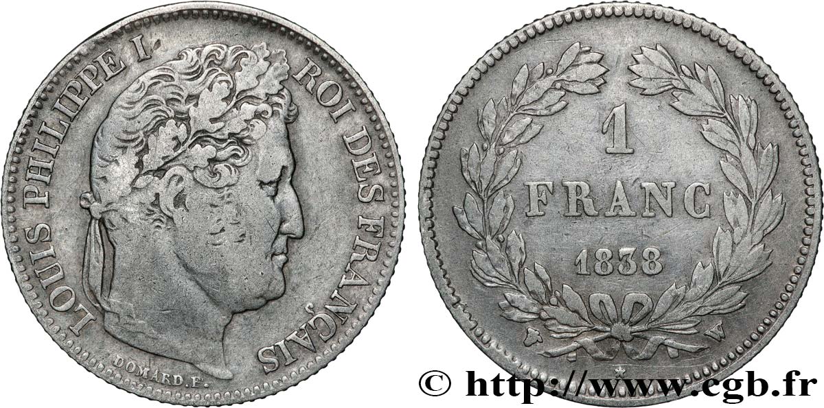 1 franc Louis-Philippe, couronne de chêne 1838 Lille F.210/66 VF25 