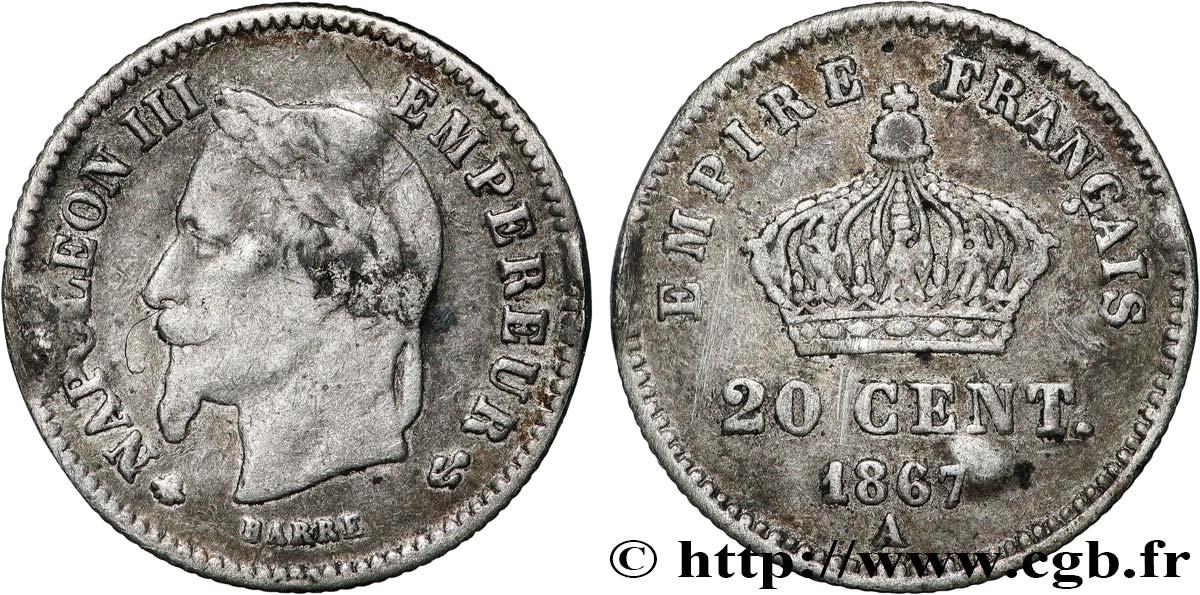 20 centimes Napoléon III, tête laurée, grand module 1867 Paris F.150/1 VF 