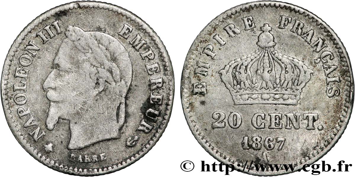 20 centimes Napoléon III, tête laurée, grand module 1867 Paris F.150/1 VF 