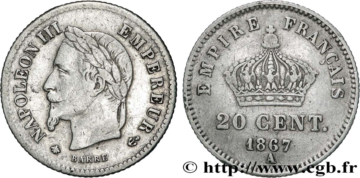 20 centimes Napoléon III, tête laurée, grand module 1867 Paris F.150/1 XF 