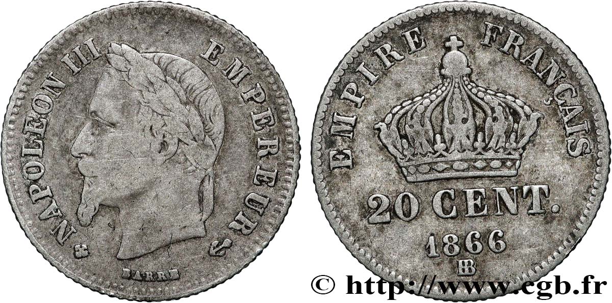 20 centimes Napoléon III, tête laurée, petit module 1866 Strasbourg F.149/5 TB 