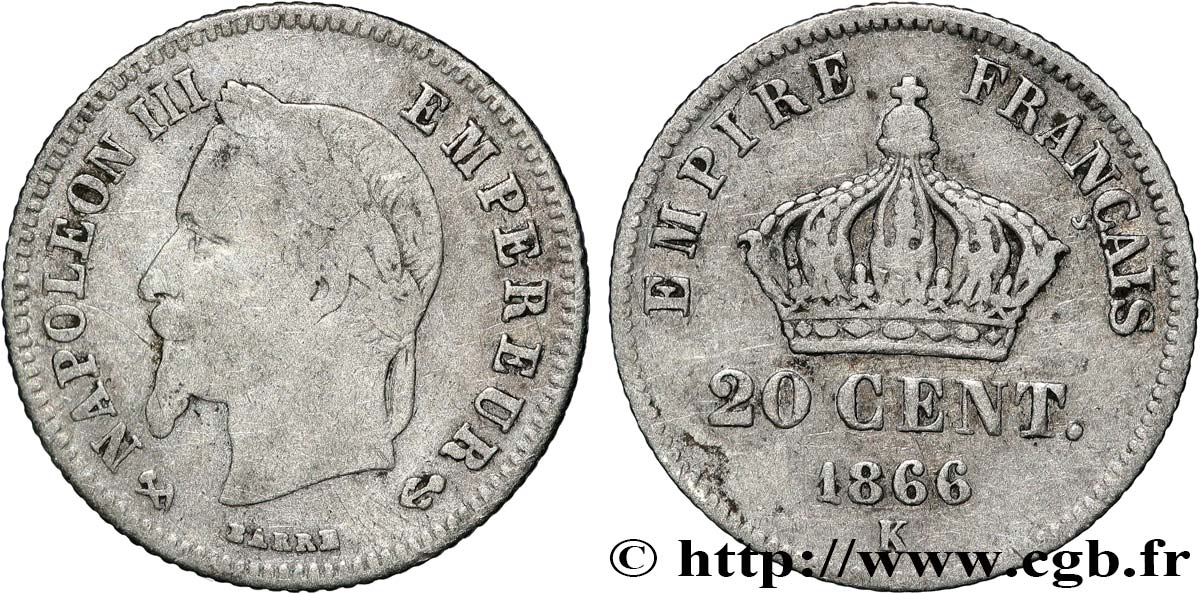 20 centimes Napoléon III, tête laurée, petit module 1866 Bordeaux F.149/6 F 