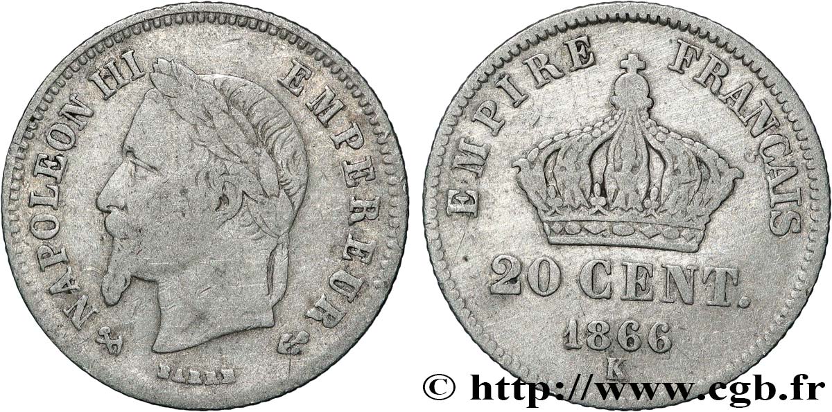 20 centimes Napoléon III, tête laurée, petit module 1866 Bordeaux F.149/6 F 