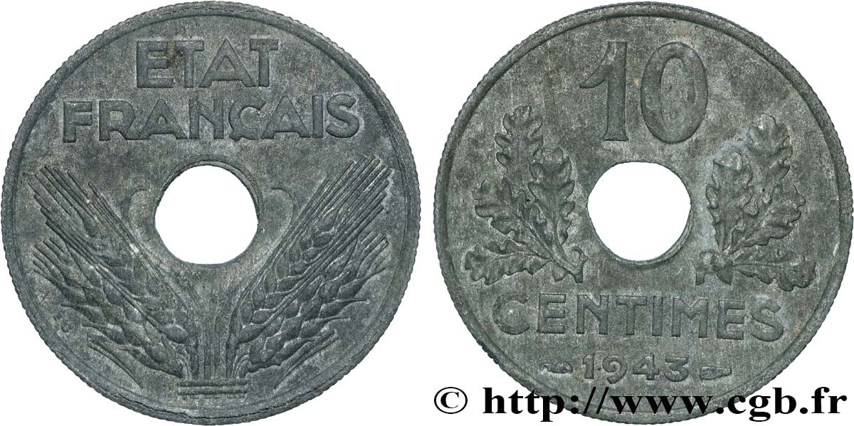 10 centimes État français, grand module 1943  F.141/5 TTB53 