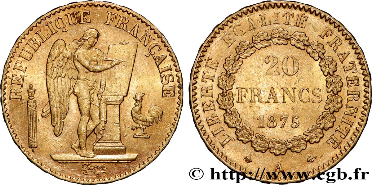 20 francs or Génie, Troisième République 1875 Paris F.533/3 MBC+ 