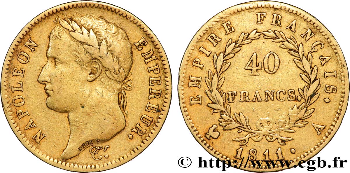 40 francs or Napoléon tête laurée, Empire français 1811 Paris F.541/6 TB+ 