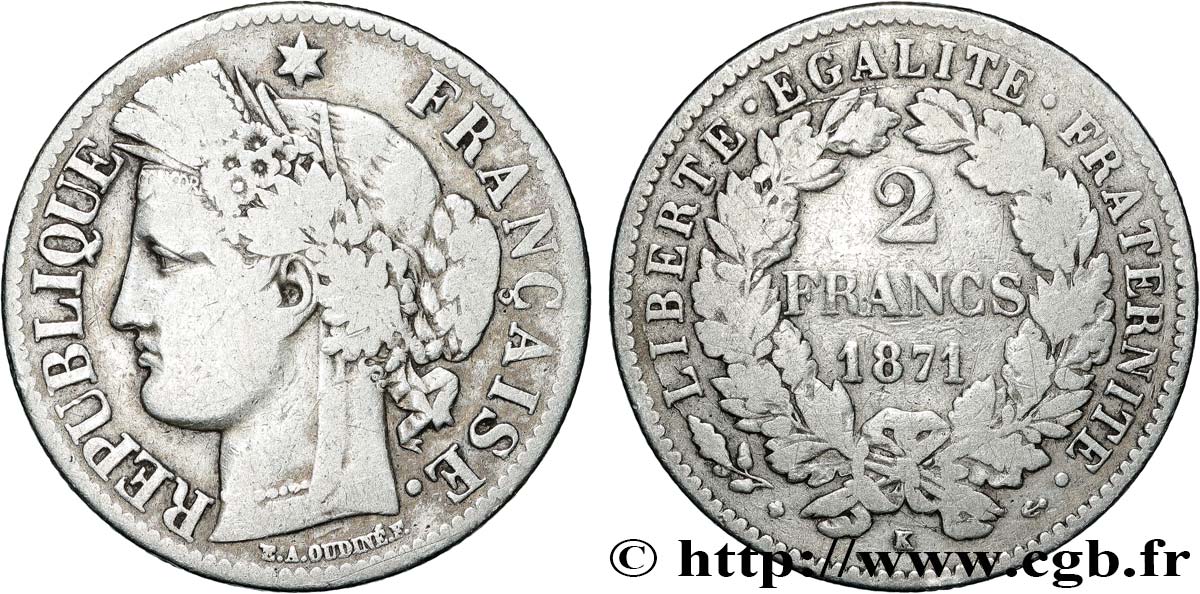 2 francs Cérès, avec légende 1871 Bordeaux F.265/7 TB 