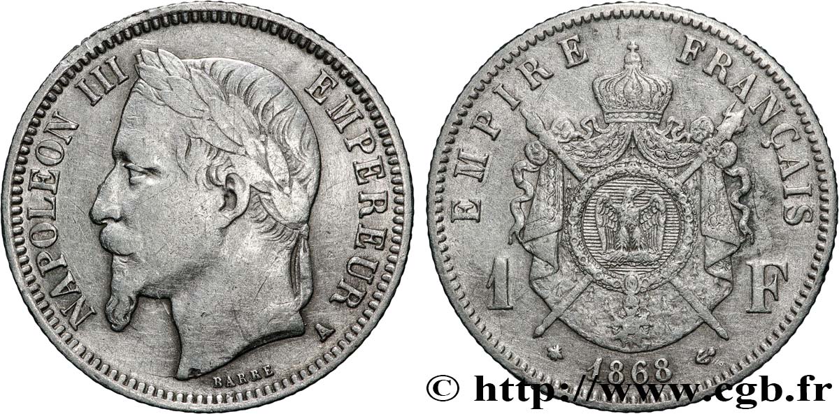 1 franc Napoléon III, tête laurée 1868 Paris F.215/10 VF 