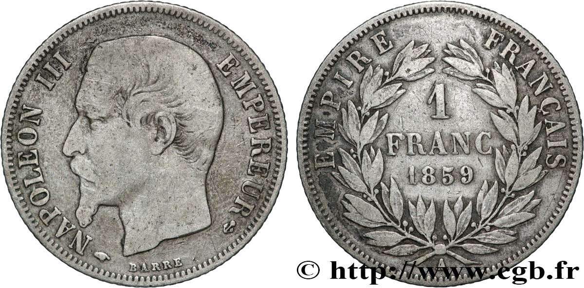1 franc Napoléon III, tête nue  1859 Paris F.214/12 TB 