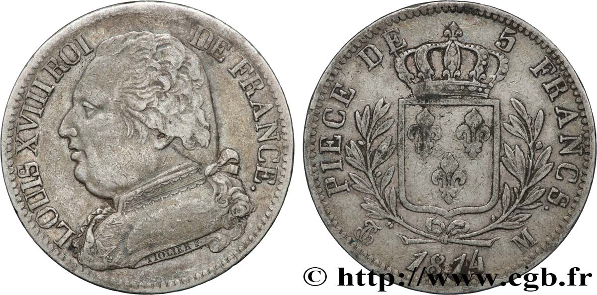 5 francs Louis XVIII, buste habillé 1814 Toulouse F.308/9 BC+ 