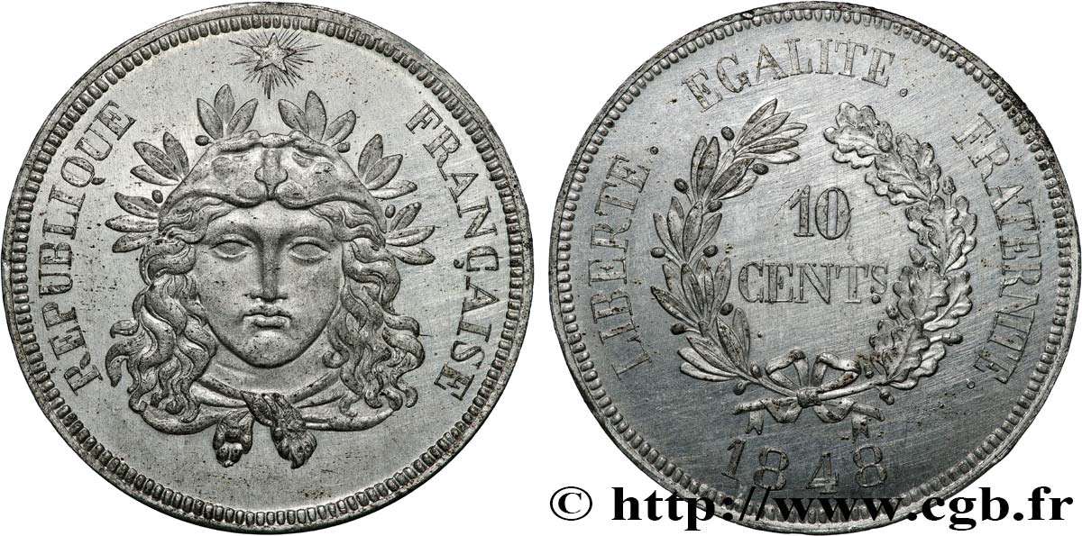 Concours de 10 centimes, essai en étain par Gayrard, premier concours, troisième revers 1848 Paris VG.3141 var MS 