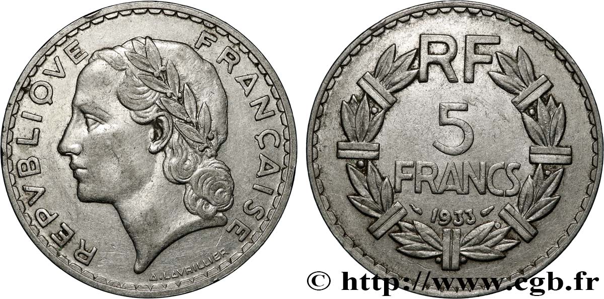 5 francs Lavrillier, nickel 1933  F.336/2 BB 