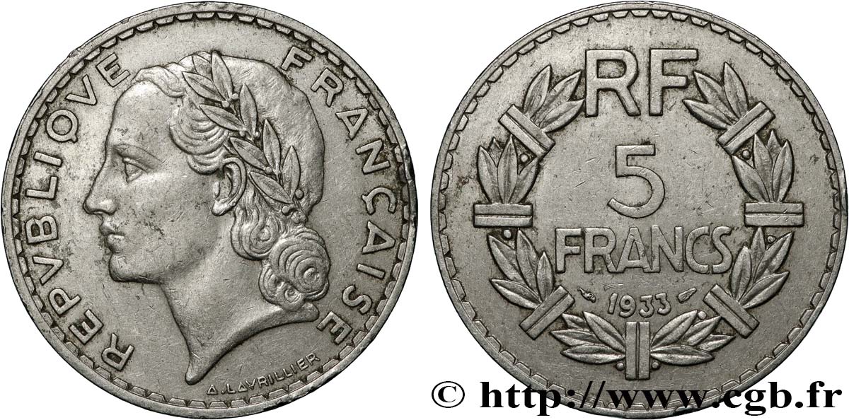 5 francs Lavrillier, nickel 1933  F.336/2 BB 
