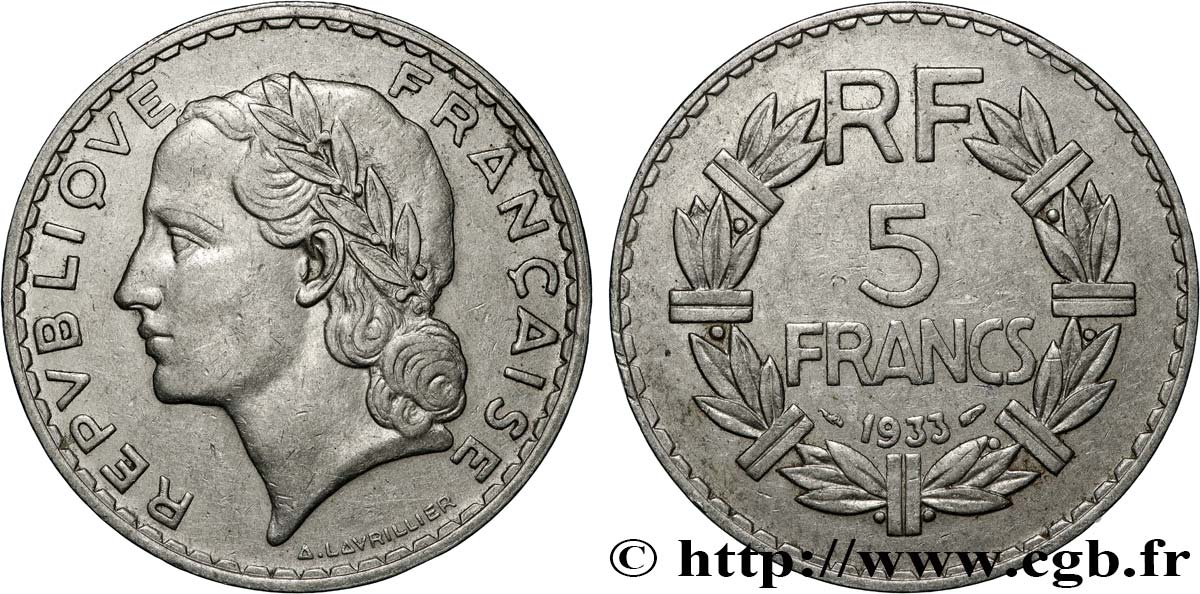 5 francs Lavrillier, nickel 1933  F.336/2 XF 