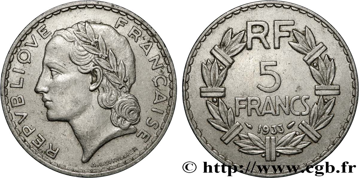 5 francs Lavrillier, nickel 1933  F.336/2 XF 