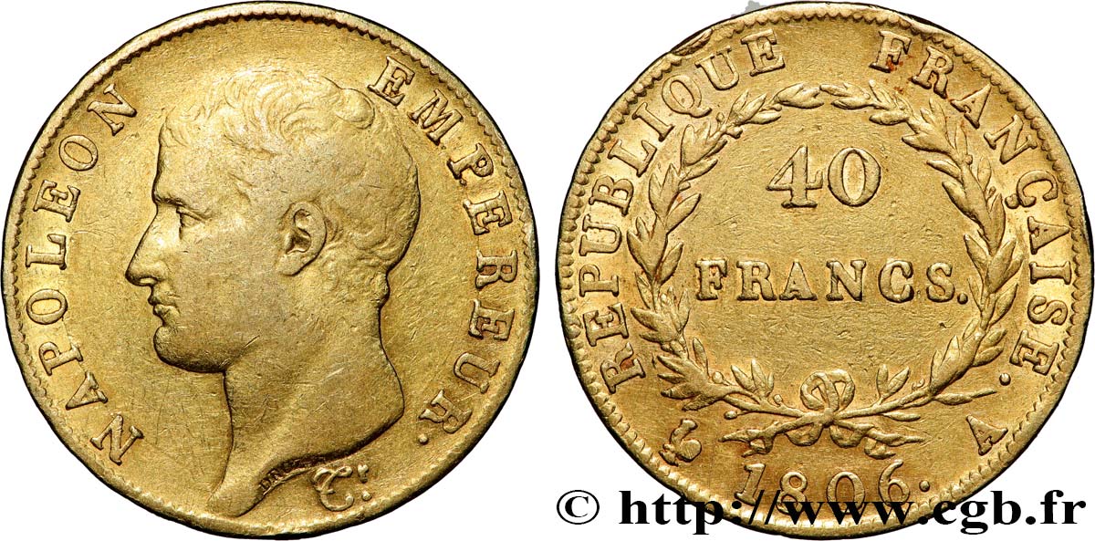 40 francs or Napoléon tête nue, Calendrier grégorien 1806 Paris F.538/1 VF 