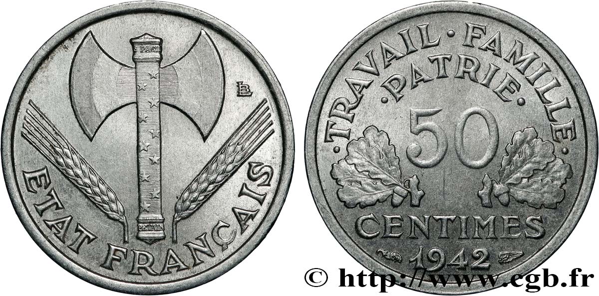 50 centimes Francisque, lourde 1942 Paris F.195/3 SUP62 