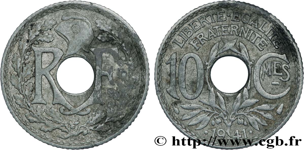 10 centimes Lindauer en zinc, Cmes souligné et millésime avec points 1941  F.140/2 SUP 