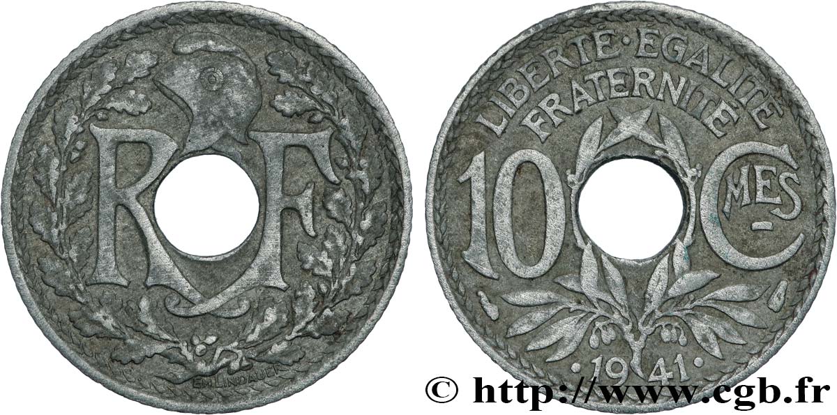 10 centimes Lindauer en zinc, Cmes souligné et millésime avec points 1941  F.140/2 EBC 