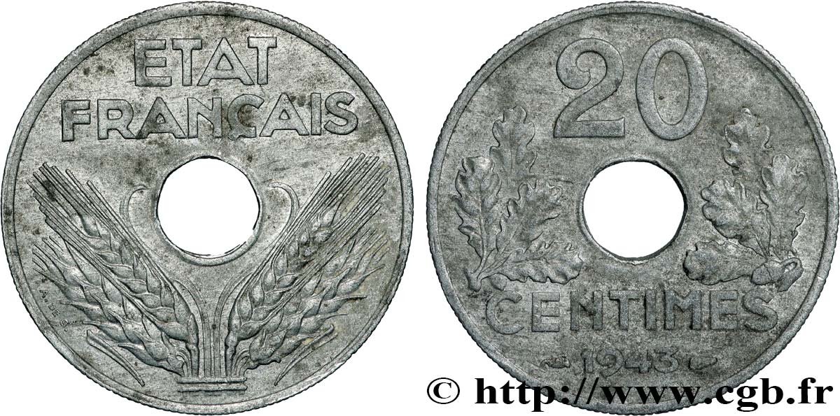 20 centimes État français, lourde 1943  F.153/5 SS 