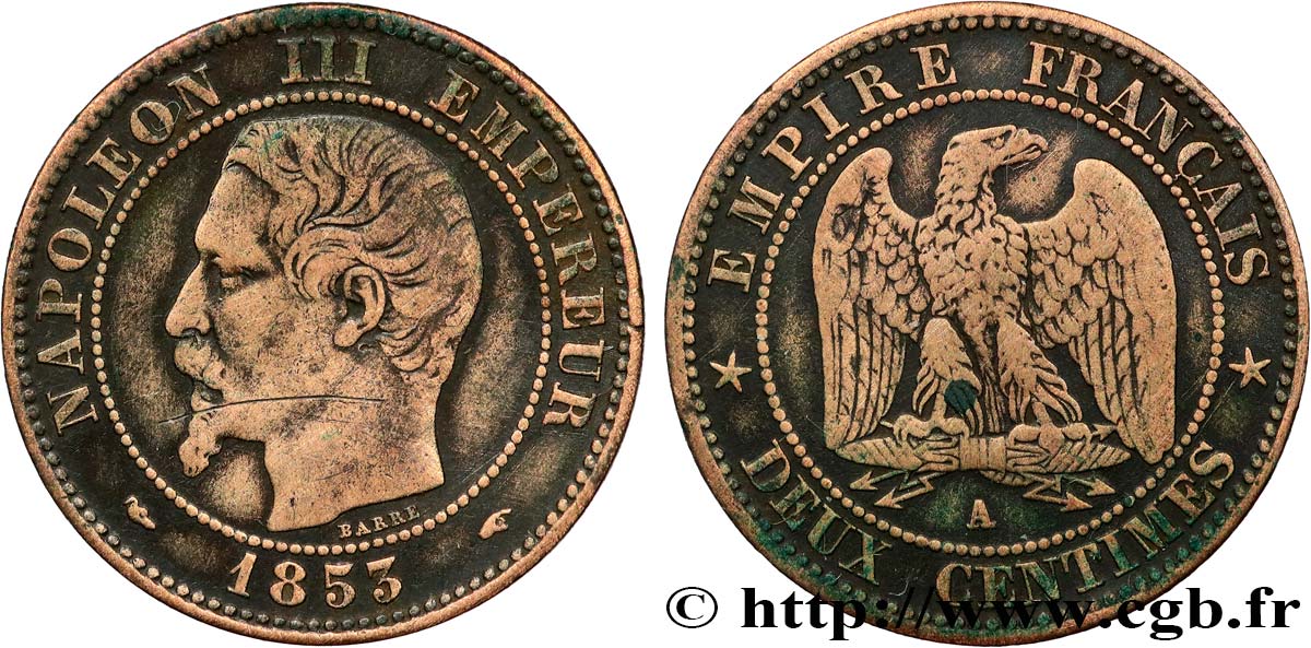 Deux centimes Napoléon III, tête nue 1853 Paris F.107/1 MB 