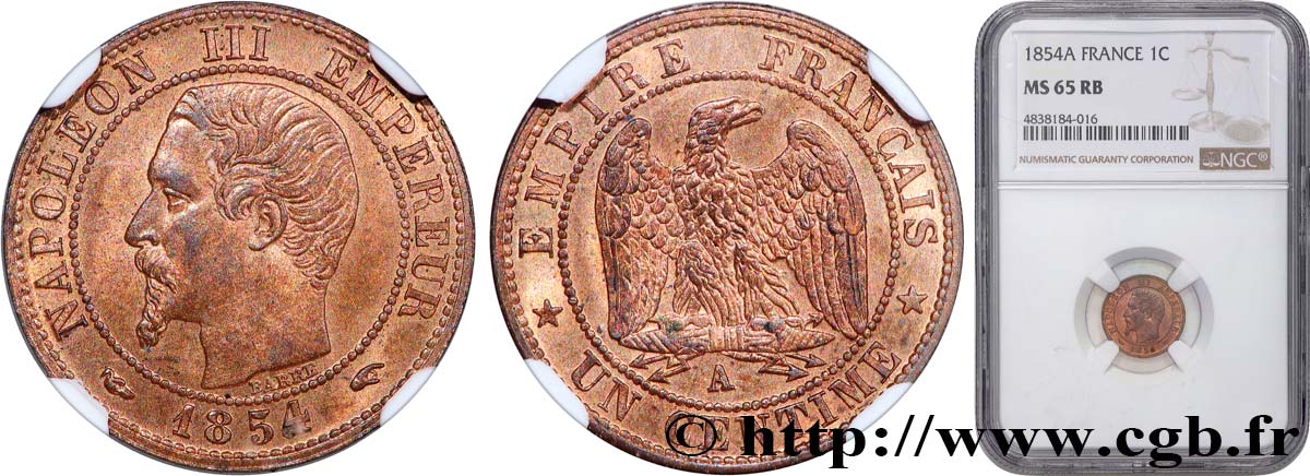Un centime Napoléon III, tête nue 1854 Paris F.102/9 FDC65 NGC
