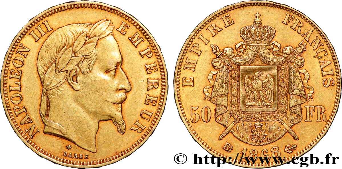 50 francs or Napoléon III, tête laurée 1868 Strasbourg F.548/11 SS 