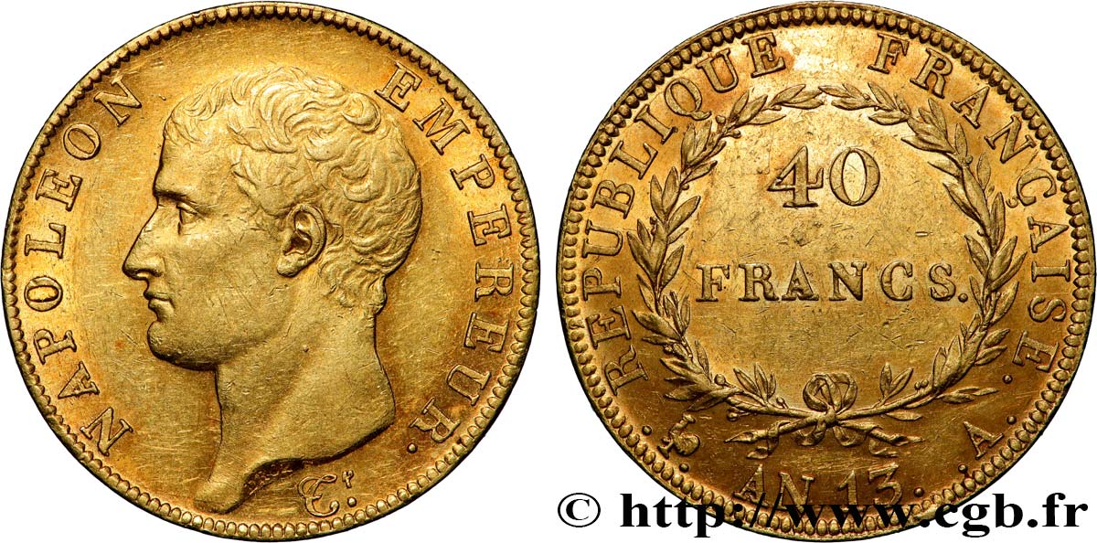 40 francs or Napoléon tête nue, Calendrier révolutionnaire 1805 Paris F.537/1 TTB+ 