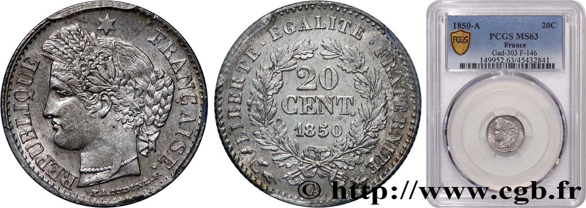 20 centimes Cérès, IIe République 1850 Paris F.146/2 SC63 PCGS