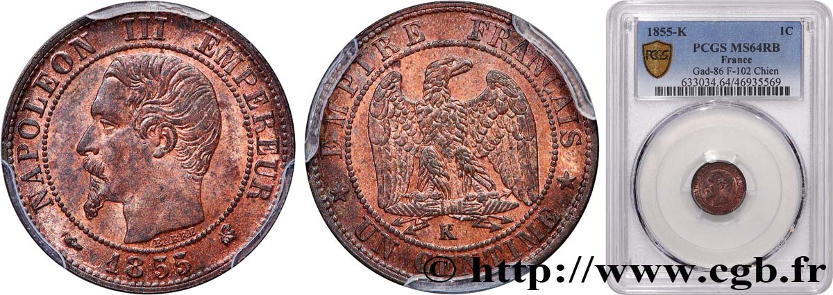 Un centime Napoléon III, tête nue 1855 Bordeaux F.102/22 SPL64 PCGS