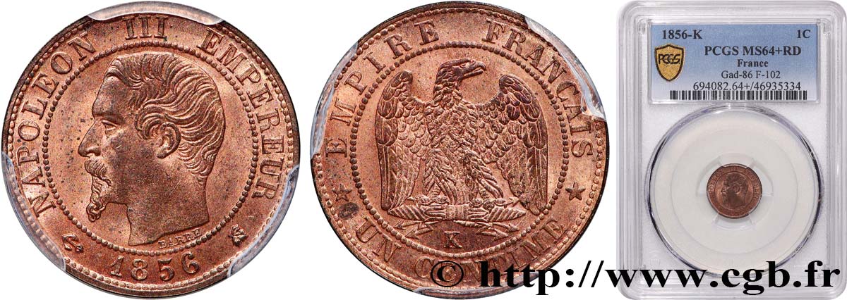 Un centime Napoléon III, tête nue 1856 Bordeaux F.102/30 MS64 PCGS