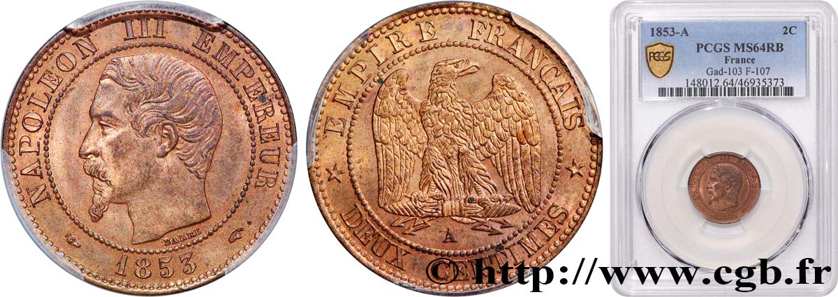 Deux centimes Napoléon III, tête nue 1853 Paris F.107/1 SC64 PCGS