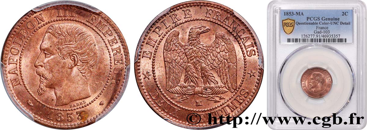 Deux centimes Napoléon III, tête nue 1853 Marseille F.107/7 EBC+ PCGS