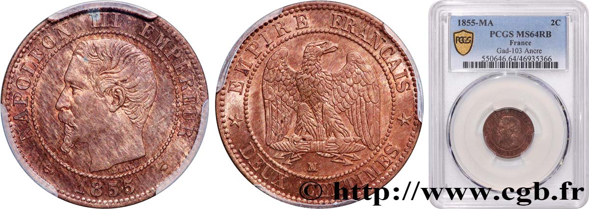 Deux centimes Napoléon III, tête nue 1855 Marseille F.107/36 fST64 PCGS