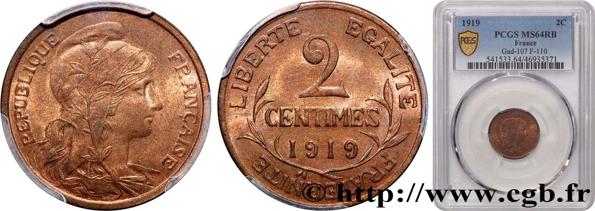 2 centimes Daniel-Dupuis 1919 Paris F.110/19 SPL64 PCGS